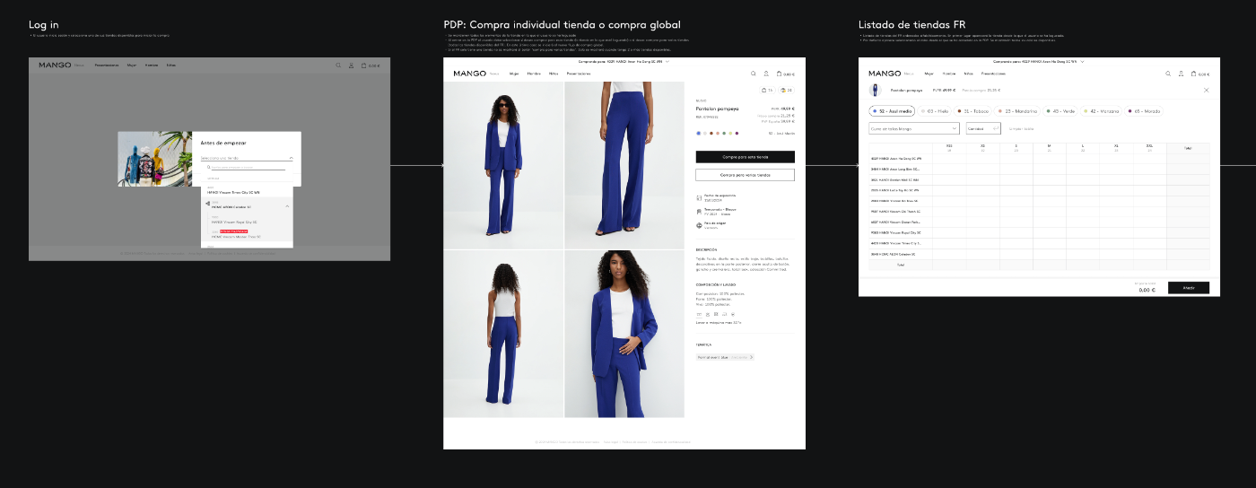 Flujo de compra global: log in, PDP y listado de tiendas