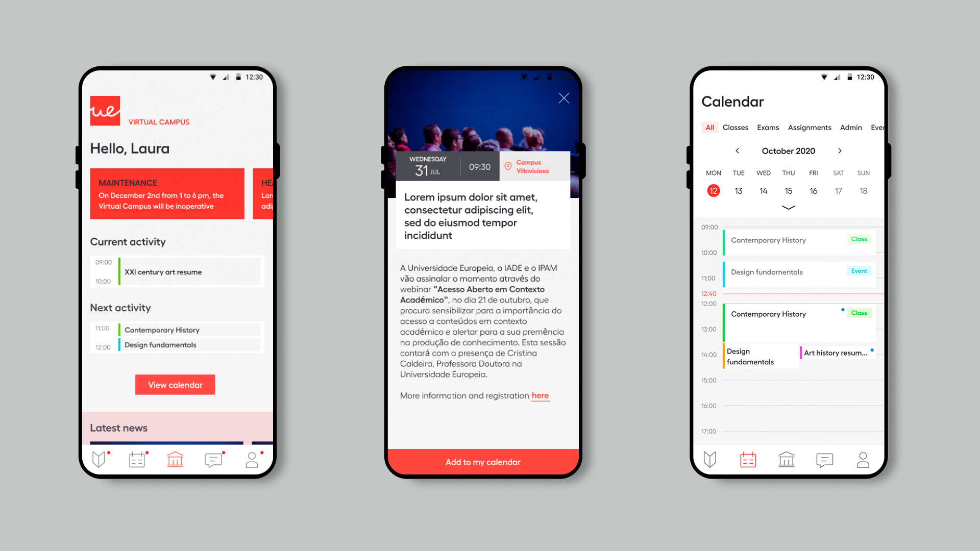 Pantallas principales del Campus Virtual: home, noticias y calendario
