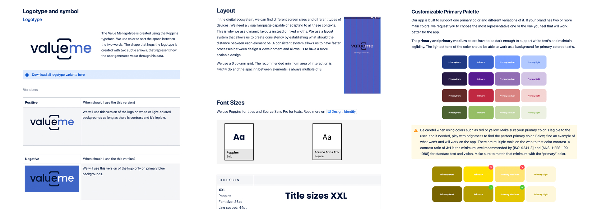 Documentación de marca, layout y paleta en Confluence
